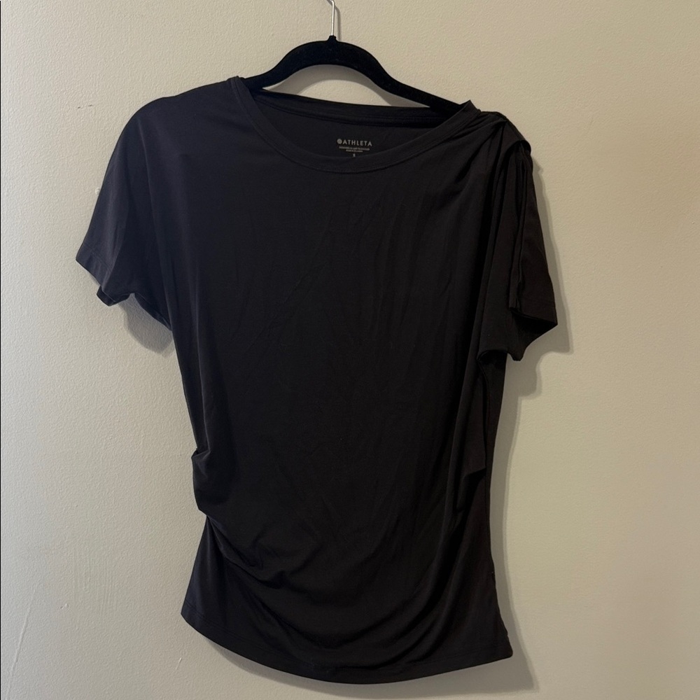 Athleta Black Short Sleeve TShirt Ruching Pleated Size Small